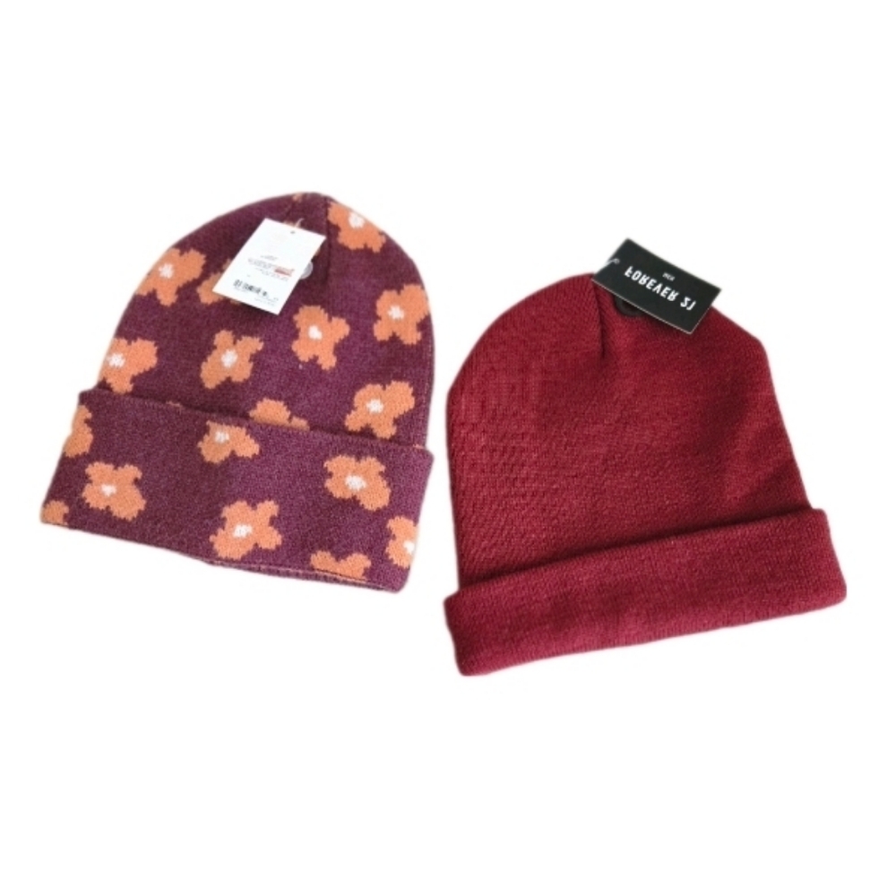 Forever 21 Floral Knit Beanie 2-Pack Burgundy NWT OS